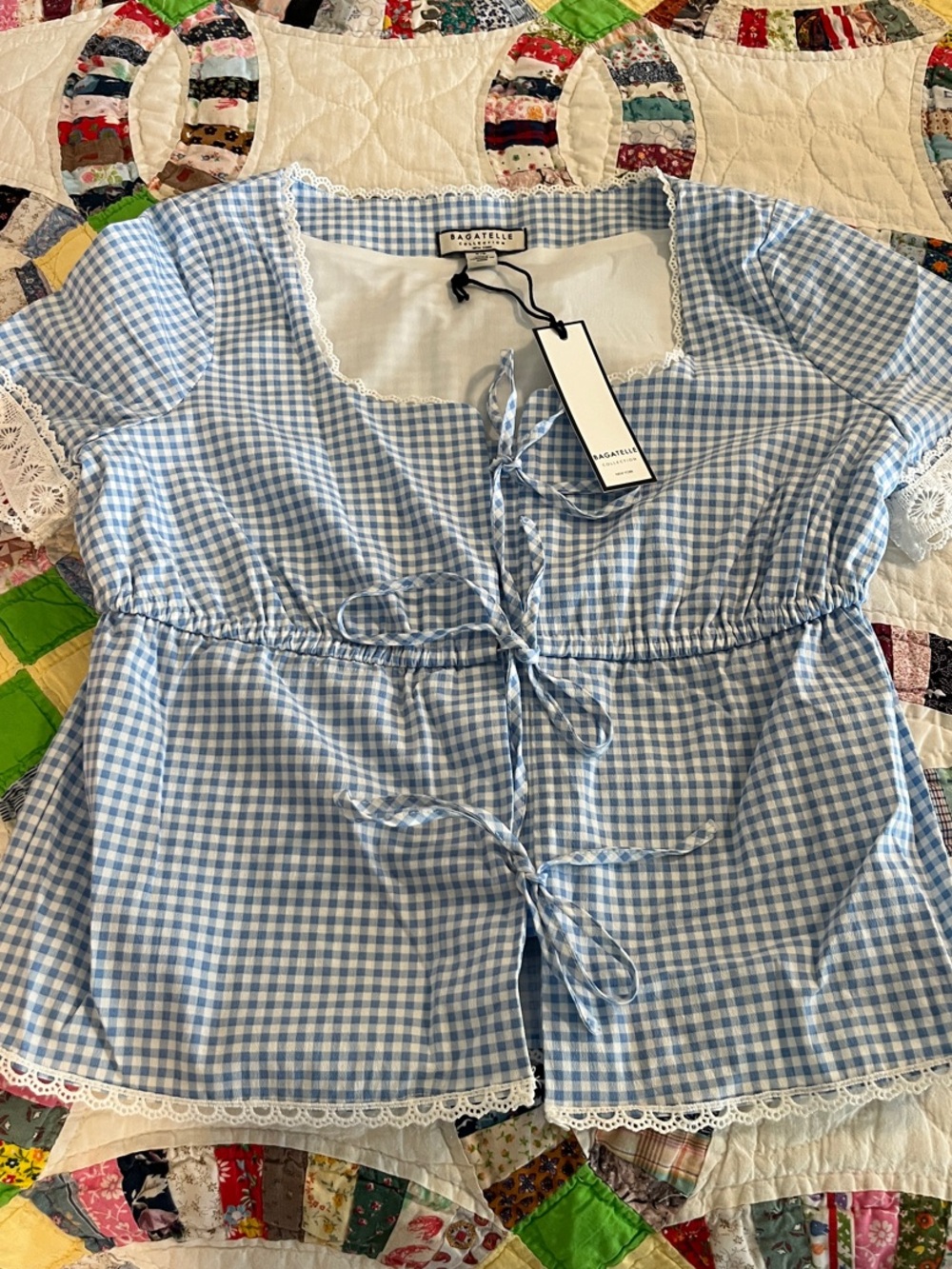NWT Bagetelle Babydoll Blue Gingham Tie-Front Top Small